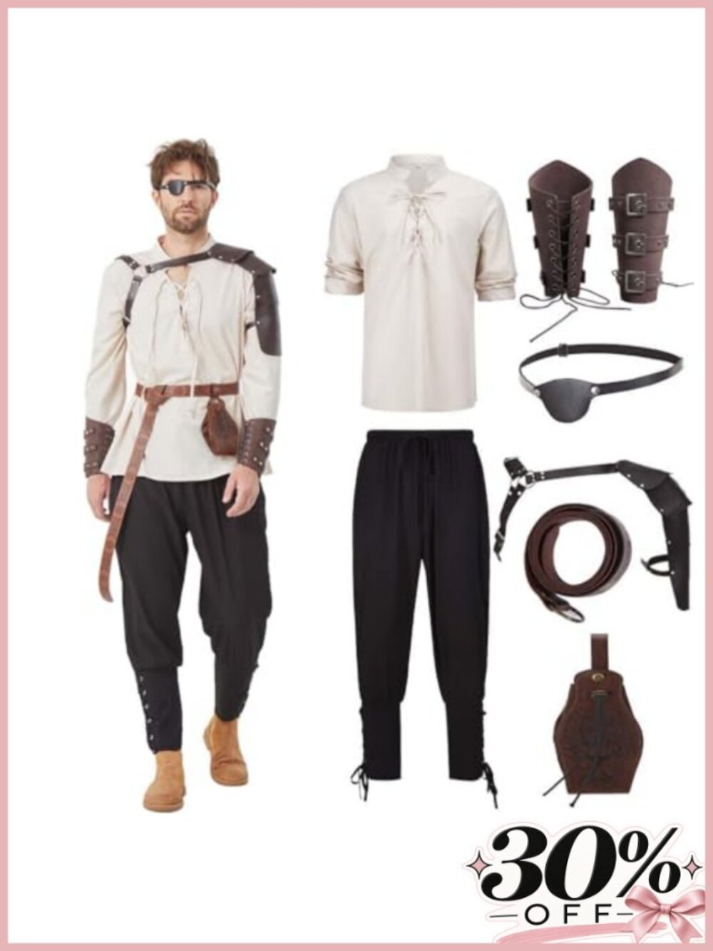 Men's Renaissance Costume 7 Pc Medieval Pirate Outfit Set